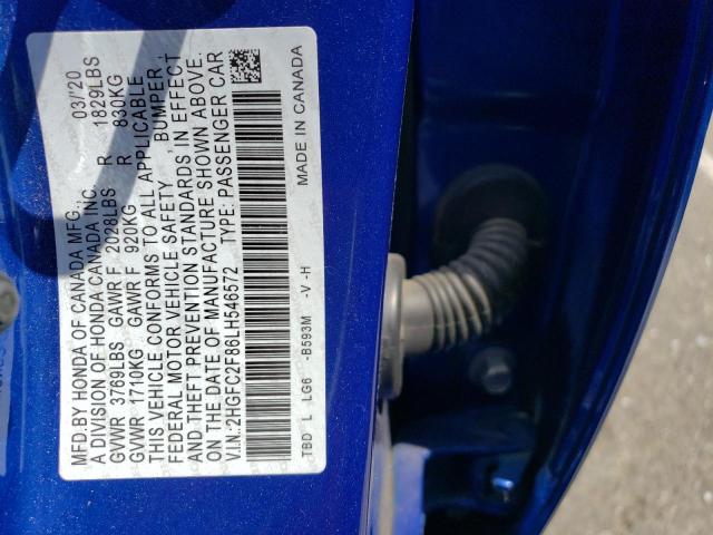 2HGFC2F86LH546572 - 2020 HONDA CIVIC SPORT 蓝色 照片 12