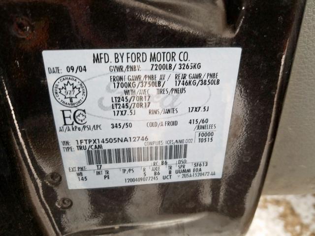 1FTPX14505NA12746 - 2005 FORD F150  photo 10