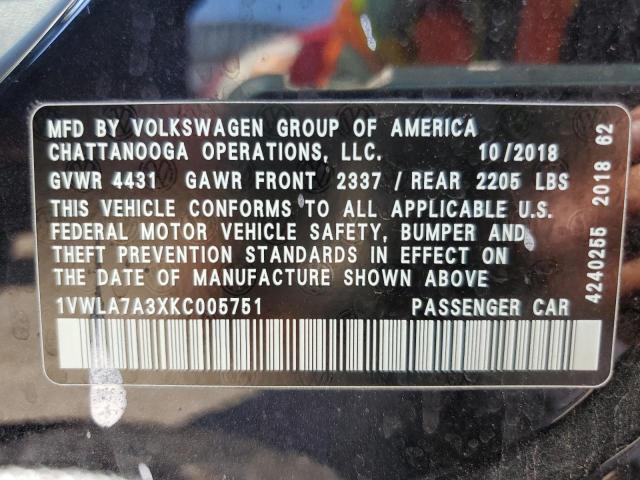 1VWLA7A3XKC005751 - 2019 VOLKSWAGEN PASSAT WOLFSBURG BLACK photo 12