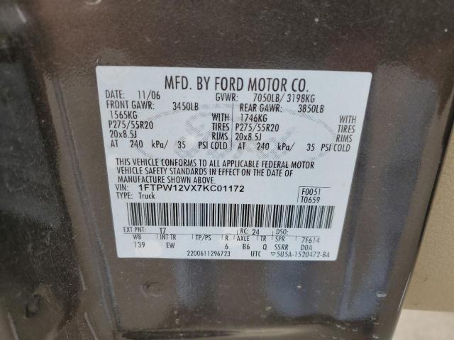 1FTPW12VX7KC01172 - 2007 FORD F150 SUPERCREW BLACK photo 12