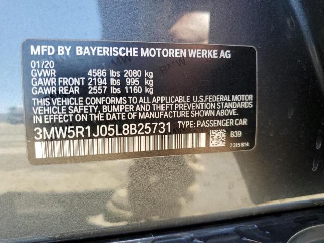 3MW5R1J05L8B25731 - 2020 BMW 330I CHARCOAL photo 12