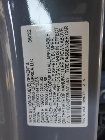 1HGCV2F33NA014327 - 2022 HONDA ACCORD SPORT Boz foto 12