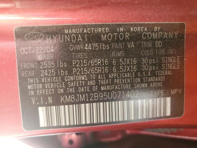 KM8JM12B95U071402 - 2005 HYUNDAI TUCSON GL RED photo 12