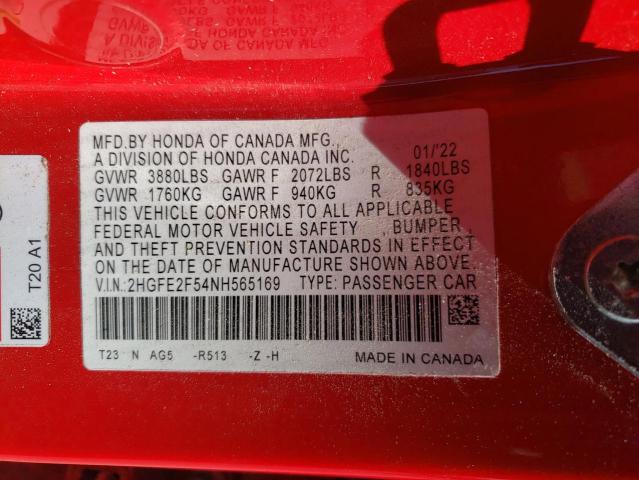 2HGFE2F54NH565169 - 2022 HONDA CIVIC SPORT RED photo 12