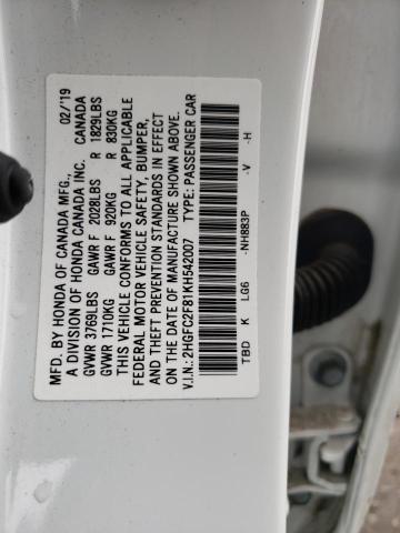 2HGFC2F81KH542007 - 2019 HONDA CIVIC SPORT WHITE photo 12