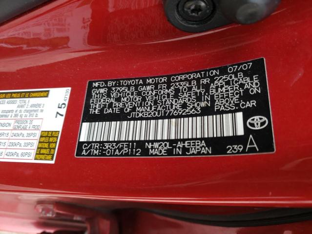 JTDKB20U177692563 - 2007 TOYOTA PRIUS RED photo 12