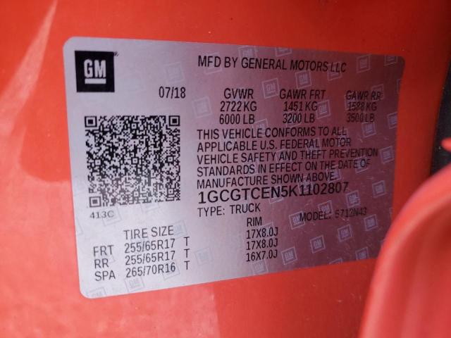 1GCGTCEN5K1102807 - 2019 CHEVROLET COLORADO LT ORANGE photo 12