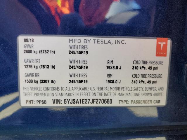 5YJSA1E27JF270660 - 2018 TESLA MODEL S Синій фото 13