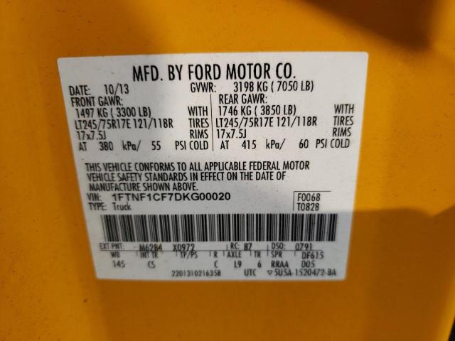 1FTNF1CF7DKG00020 - 2013 FORD F150 YELLOW photo 12