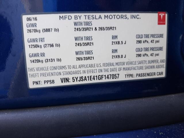 5YJSA1E41GF147057 - 2016 TESLA MODEL S ლურჯი ფოტო 12