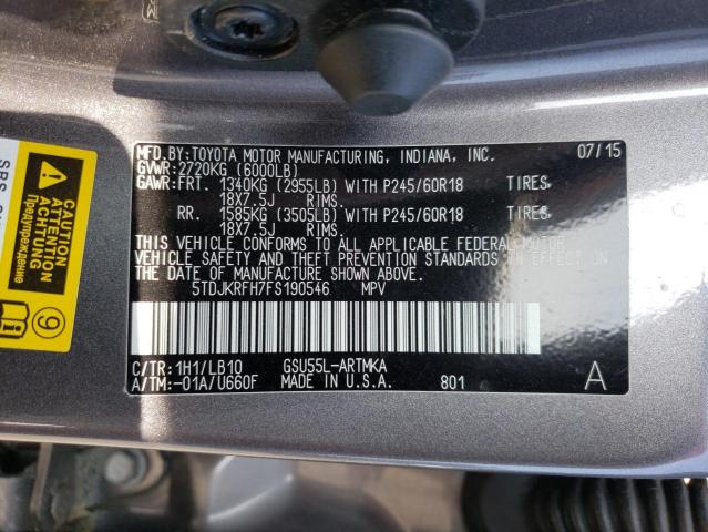 5TDJKRFH7FS190546 - 2015 TOYOTA HIGHLANDER XLE Boz foto 14