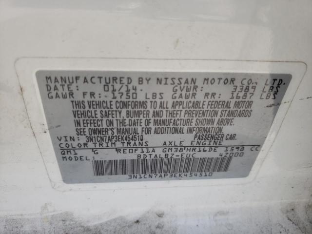 3N1CN7AP3EK454510 - 2014 NISSAN VERSA S WHITE photo 12