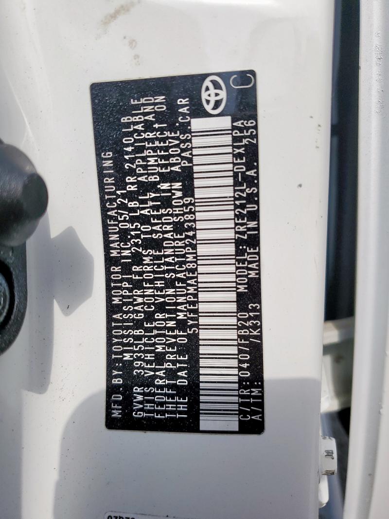 5YFEPMAE8MP243859 - 2021 TOYOTA COROLLA LE WHITE photo 12