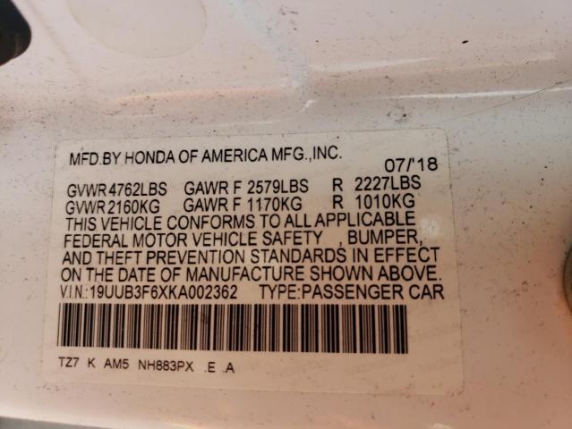 19UUB3F6XKA002362 - 2019 ACURA TLX TECHNOLOGY WHITE photo 12