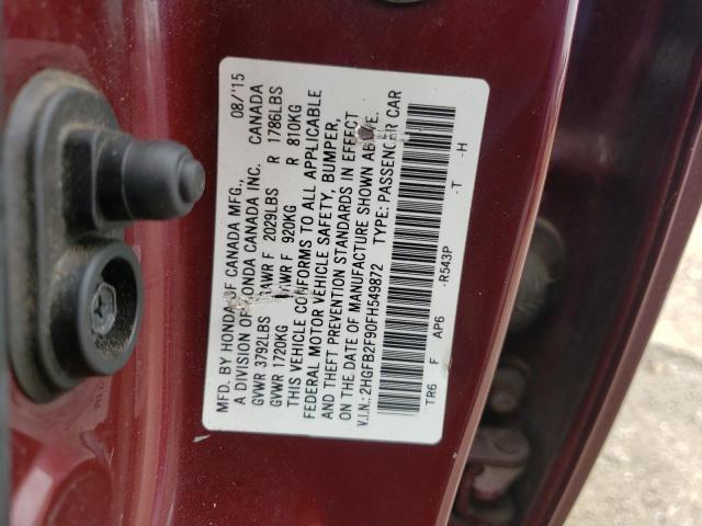 2HGFB2F90FH549872 - 2015 HONDA CIVIC EXL 勃艮第红 照片 12