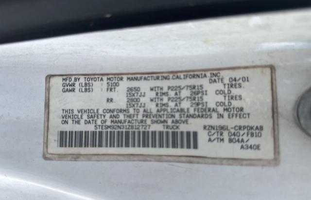 5TESM92N31Z812727 - 2001 TOYOTA TACOMA XTRACAB PRERUNNER WHITE photo 10