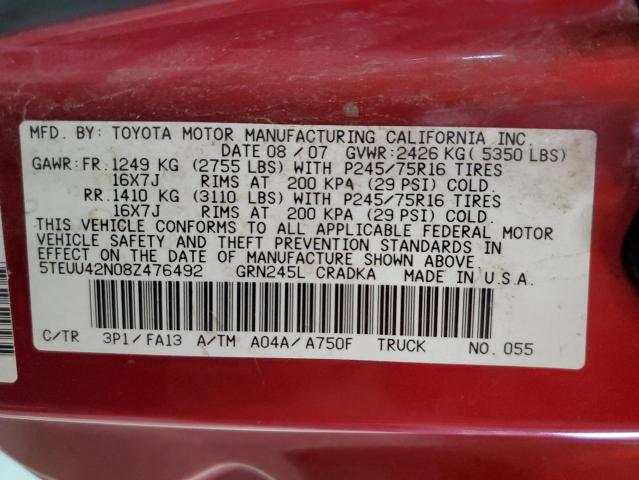 5TEUU42N08Z476492 - 2008 TOYOTA TACOMA ACCESS CAB ბურგუნდია ფოტო 12