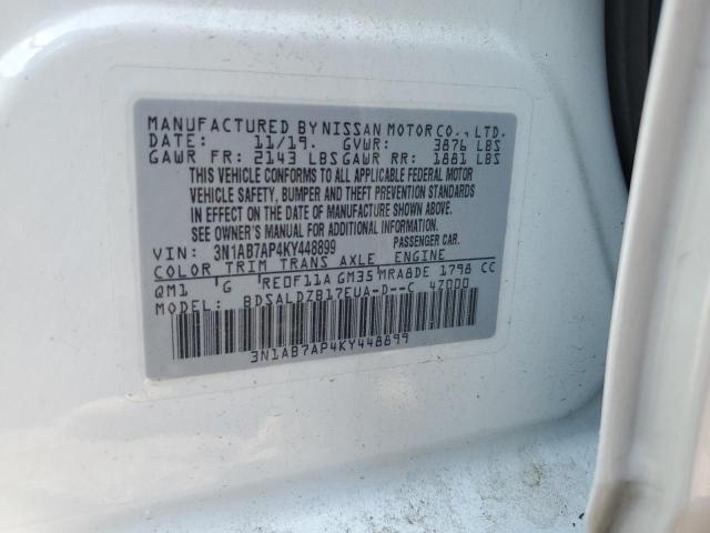 3N1AB7AP4KY448899 - 2019 NISSAN SENTRA S WHITE photo 12