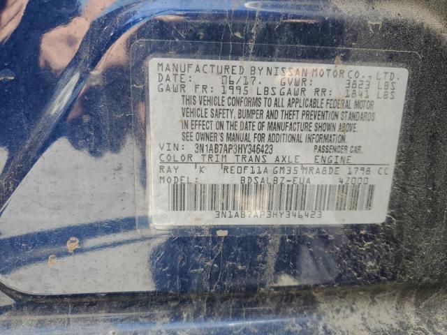 3N1AB7AP3HY346423 - 2017 NISSAN SENTRA S BLUE photo 13