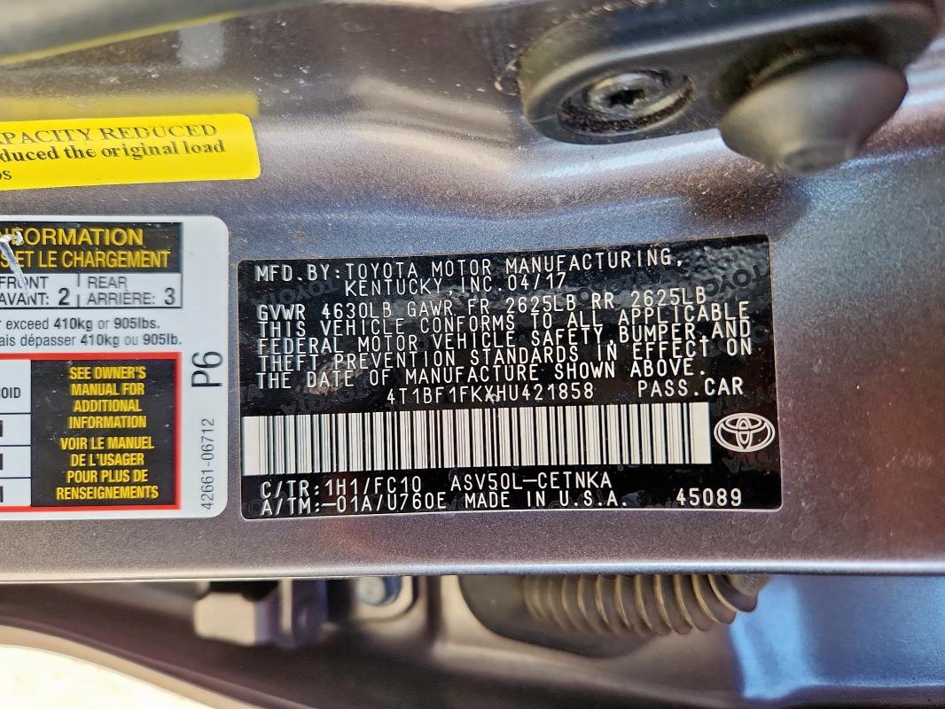 4T1BF1FKXHU421858 - 2017 TOYOTA CAMRY LE GRAY photo 12