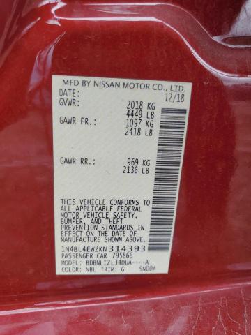 1N4BL4EW2KN314393 - 2019 NISSAN ALTIMA SL RED photo 12