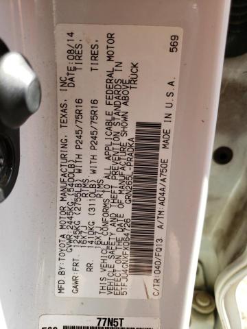 5TFJU4GNXFX064726 - 2015 TOYOTA TACOMA DOUBLE CAB PRERUNNER WHITE photo 12