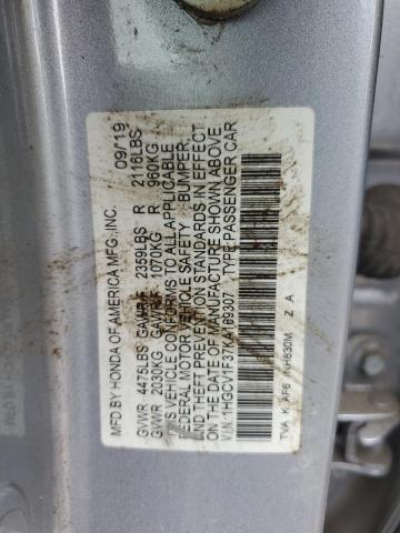 1HGCV1F37KA169307 - 2019 HONDA ACCORD SPORT ვერცხლისფერი ფოტო 12