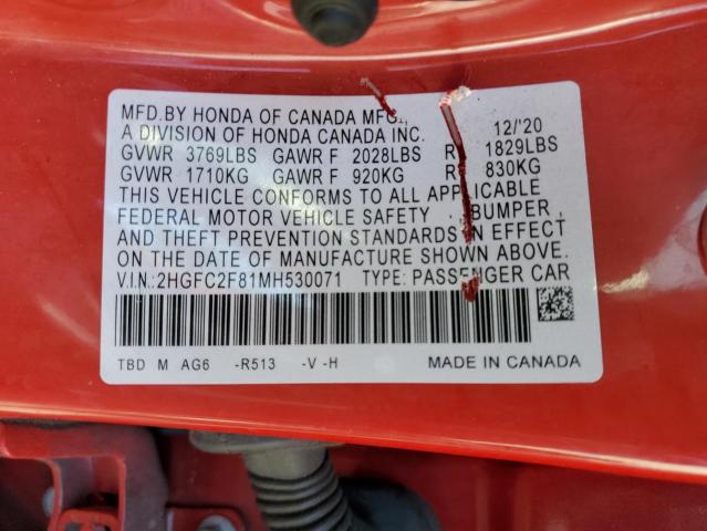 2HGFC2F81MH530071 - 2021 HONDA CIVIC SPORT 红色 照片 12