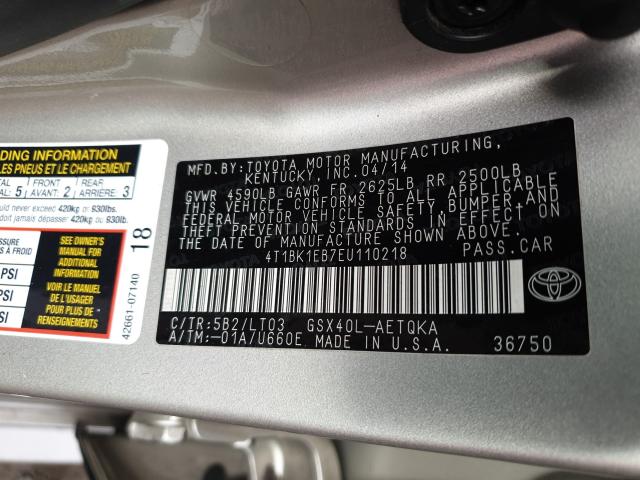 4T1BK1EB7EU110218 - 2014 TOYOTA AVALON BASE 灰色 照片 10