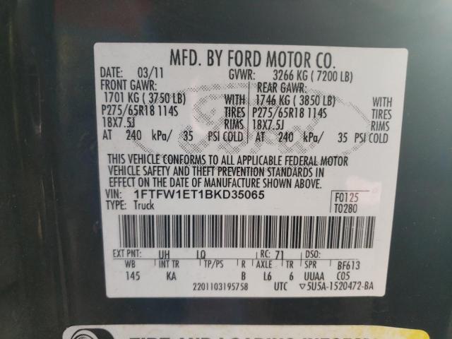 1FTFW1ET1BKD35065 - 2011 FORD F150 SUPERCREW BLACK photo 12