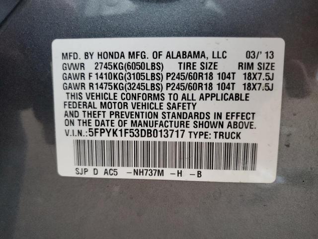 5FPYK1F53DB013717 - 2013 HONDA RIDGELINE RTL GRAY photo 12