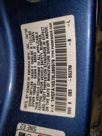 1HGFA16578L089979 - 2008 HONDA CIVIC LX BLUE photo 12