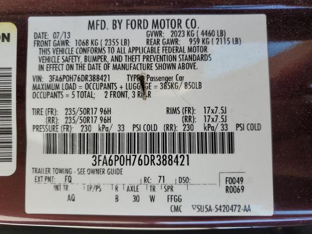 3FA6P0H76DR388421 - 2013 FORD FUSION SE MAROON photo 12