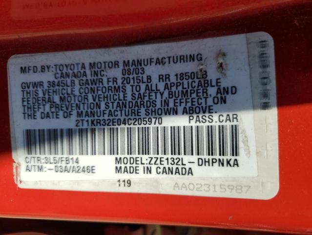 2T1KR32E04C205970 - 2004 TOYOTA COROLLA MA XR RED photo 12