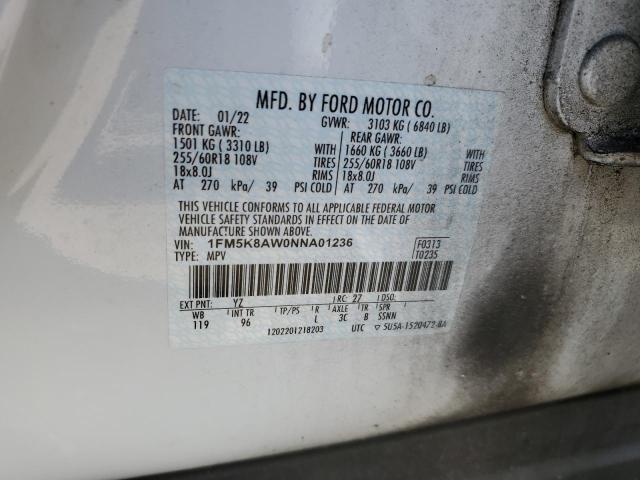 1FM5K8AW0NNA01236 - 2022 FORD EXPLORER POLICE INTERCEPTOR Білий фото 13