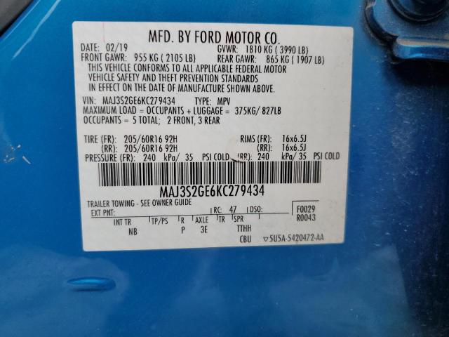 MAJ3S2GE6KC279434 - 2019 FORD ECOSPORT SE ლურჯი ფოტო 13