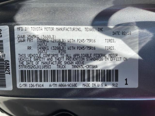 5TFRX5GN3JX110583 - 2018 TOYOTA TACOMA ACCESS CAB GRAY photo 10