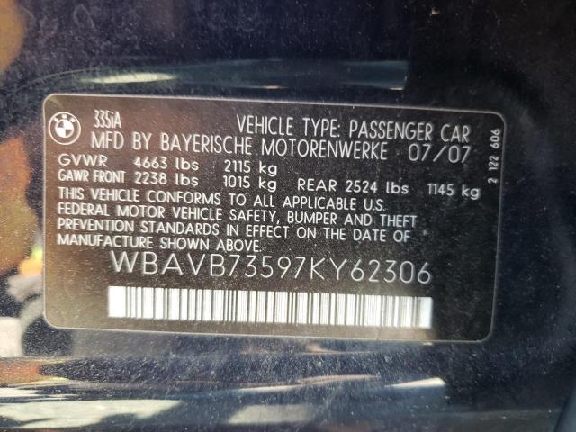 WBAVB73597KY62306 - 2007 BMW 335 I BLACK photo 12