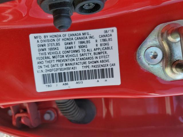 2HGFC2F50JH591431 - 2018 HONDA CIVIC LX RED photo 12