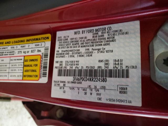 3FA6P0CD4KR224580 - 2019 FORD FUSION SEL BURGUNDY photo 13