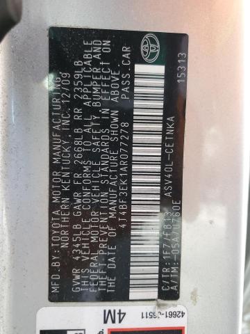 4T4BF3EK1AR077278 - 2010 TOYOTA CAMRY BASE SILVER photo 12