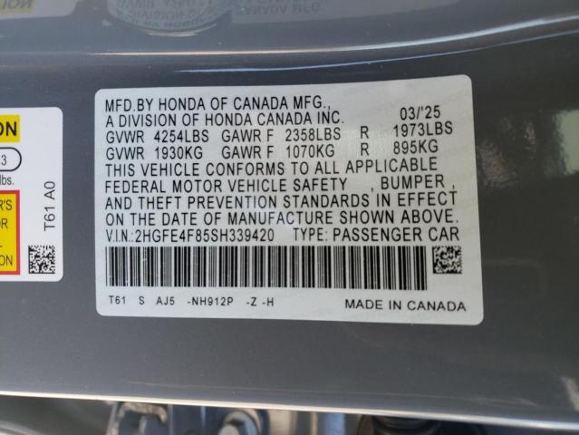 2HGFE4F85SH339420 - 2025 HONDA CIVIC SPORT ნაცრისფერი ფოტო 12