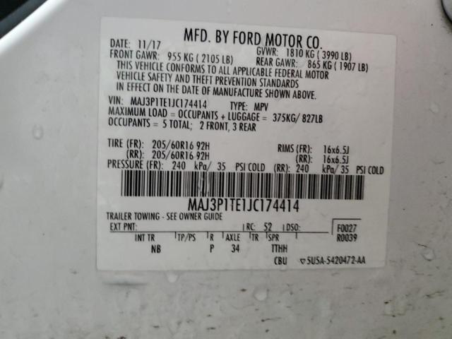 MAJ3P1TE1JC174414 - 2018 FORD ECOSPORT SE თეთრი ფოტო 13