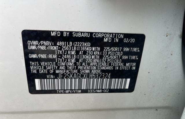 JF2SKAGCXLH532324 - 2020 SUBARU FORESTER PREMIUM CREAM photo 10