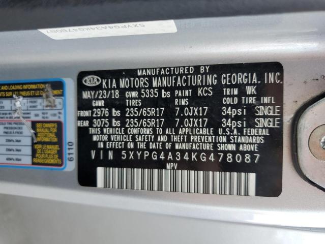 5XYPG4A34KG478087 - 2019 KIA SORENTO L SILVER photo 13