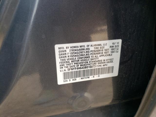 5FNYF4H64DB016873 - 2013 HONDA PILOT EXL GRAY photo 10