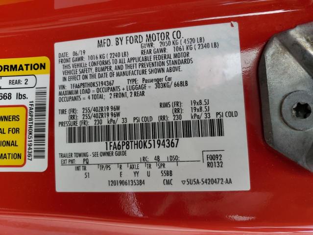 1FA6P8TH0K5194367 - 2019 FORD MUSTANG RED photo 12