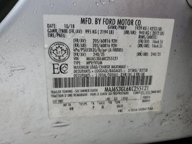 MAJ6S3GL6KC255121 - 2019 FORD ECOSPORT SE ვერცხლისფერი ფოტო 13
