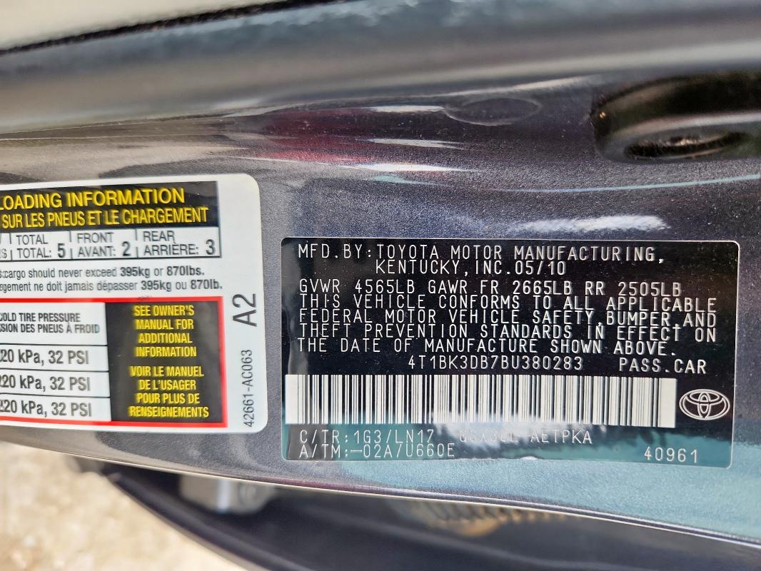 4T1BK3DB7BU380283 - 2011 TOYOTA AVALON BASE GRAY photo 13