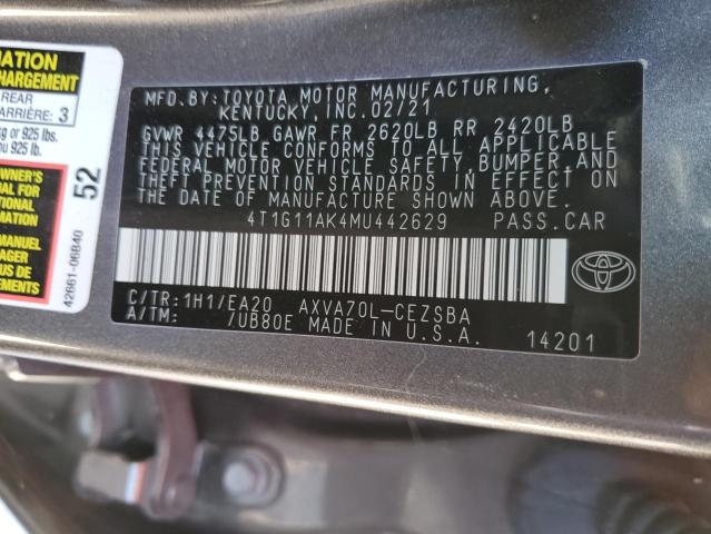 4T1G11AK4MU442629 - 2021 TOYOTA CAMRY SE CHARCOAL photo 12